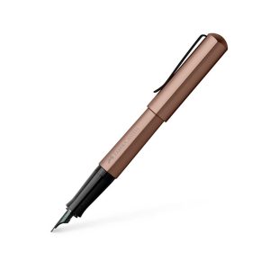 Fountain pen Hexo bronze broad, Hexo is the new tool that lets ideas grow. A special companion, as individual as we are: with its hexagonal shape and feel, it brings entirely new perspectives into creative writing, sketching and drafting. It is made in Europe and available in black, silver and rose. Creativity with character Its hexagonal shape is a homage to the famous graphite pencil from Faber-Castell Hexagonal barrel and either end cap made of anodised aluminium Ergonomically shaped grip zone for comfortable writing experience Suitable for right-handed and left- handed users Solid metal clip, painted black Black high-quality stainless steel nib in width B (broad) Equipped with a cartridge/converter system Fitted with a cartridge Cartridges in different colours available separately Converter can be purchased separately