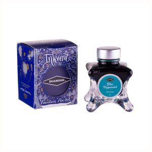Diamine Inkvent Blue Edition Shimmer Ink 50ml Bottle – Blue Peppermint The Diamine inkvent ink series is a series of fountain pen inks that found their origin in the Diamine inkvent calendar of 2019.In the inkvent series you will find different ink variants. The regular inks from the series are beautiful nostalgic Christmas colors. The sheen colors have a satin finish when used on fountain pen friendly paper. The shimmers have a beautiful shimmering sparkle. The shimmer and sheen fountain pen inks have the most sheen and shine and fascinatingly varied tones. With a 50ml bottle in an exclusive design, they are real eye-catchers. Shimmer inks Colours : Gold Star, Happy Holidays, Jack Frost, Snow Storm, Solstice and Winter Miracle.