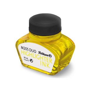 Highlight your life Pelikan Highlighter Ink should only be used with the fountain pen Classic M205 DUO Highlighter exclusively. Pelikan Fluorescent Yellow was created for use in the Pelikan M205 Classic Duo Highlighter Pen. This unique ink is finely tuned to meet the requirements of the fountain pen's technical components. It enables writing and highlighting at the same time, with same broad nib. Easily tip the bottle on its side to fill the Pelikan M205 Classic Duo Highlighter Pen with every drop of ink. Available in 30ml bottle Neon Yellow Highlighter Ink