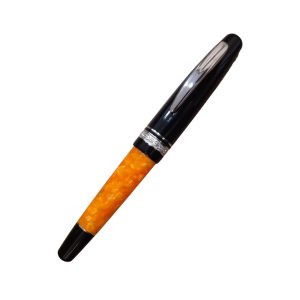 DELTA DOLCEVITA ZEN ORANGE-BLACK & STERLING FOUNTAIN PEN Find your Zen – Reject negativity and pessimism in order to improve our lives and that of others. Seek to transform these positive emotions into serenity and optimism. Together let’s reject gloominess to achieve a happier life. Write your ZEN – On a white piece of paper a “style” slides fast and precise leaving lines of dark ink, soft and energetic. Writing is a behavior of the spirit; to write helps us penetrate in our existence and reach our inner equilibrium. We could without doubt say that writing is often a therapeutic action that induces a person to react, often when they are in difficult conditions of uneasiness and intolerance. Zen from Delta is soft in the shape, stimulator of positive thoughts, and at the same time relaxing and energizing in the colours. Derived from the famous Dolcevita Collection, ZEN is turned by hand from solid bars of special resins in black and pearled orange colors. Available either as a fountain pen, featuring a solid 14kt gold nib, or as a ball pen convertible into roller ball. Body & Cap Material: Resin Body & Cap Finish: Orange Body and Black Cap Trim: Sterling silver 925% band and silver plated clip and trim Body Material: Acrylic Filling System: Comes with a converter and takes a Delta or international cartridge Nib: 14Kt Platinum Mask Gold – Broad Nib Packaging: Dolcevita luxury gift box Origin of Country : Italy