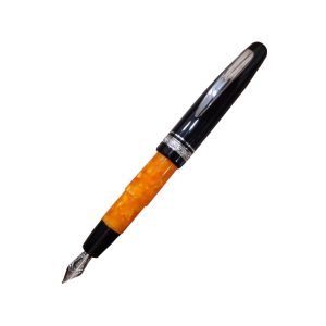 DELTA DOLCEVITA ZEN ORANGE-BLACK & STERLING FOUNTAIN PEN Find your Zen – Reject negativity and pessimism in order to improve our lives and that of others. Seek to transform these positive emotions into serenity and optimism. Together let’s reject gloominess to achieve a happier life. Write your ZEN – On a white piece of paper a “style” slides fast and precise leaving lines of dark ink, soft and energetic. Writing is a behavior of the spirit; to write helps us penetrate in our existence and reach our inner equilibrium. We could without doubt say that writing is often a therapeutic action that induces a person to react, often when they are in difficult conditions of uneasiness and intolerance. Zen from Delta is soft in the shape, stimulator of positive thoughts, and at the same time relaxing and energizing in the colours. Derived from the famous Dolcevita Collection, ZEN is turned by hand from solid bars of special resins in black and pearled orange colors. Available either as a fountain pen, featuring a solid 14kt gold nib, or as a ball pen convertible into roller ball. Body & Cap Material: Resin Body & Cap Finish: Orange Body and Black Cap Trim: Sterling silver 925% band and silver plated clip and trim Body Material: Acrylic Filling System: Comes with a converter and takes a Delta or international cartridge Nib: 14Kt Platinum Mask Gold – Broad Nib Packaging: Dolcevita luxury gift box Origin of Country : Italy
