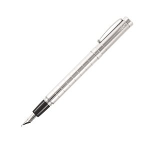 Delta Prestige Sterling Silver Fountain Pen – Broad Nib The new Delta Prestige brings luxurious materials together with refined style, to create an exciting new modern look for a classic fine writing instrument. Available in a choice of fountain pen, roller ball and twist action ball pen and pencil, this new model is accented with a deceptively simple, yet sophisticated pattern of lines encircling both the cap and barrel, an elegant design to fit into today’s modern and fast paced modern world. The Prestige features solid sterling silver construction, finished with a highly polished rhodium coating to eliminate the tarnishing of the silver and to retain its new in the box finish for many years to come. The fountain pen is available with either 18K Fusion® or harmonic steel nib. Both fill via cartridge/threaded converter system. Solid Sterling Silver with Rhodium Trim Combines precious metals, refined style and a sleek modern look Crafted in solid sterling silver and finished with tarnish resistant rhodium Finely engraved with a sophisticated pattern of concentric circles on the cap and barrel Clip with pocket-friendly rolling ring Threaded caps and barrel ends Harmonic Steel Broad Nib Made in Italy
