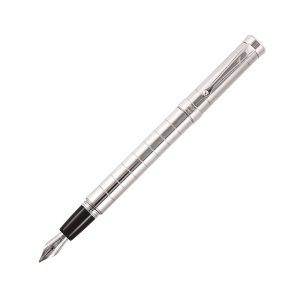 Delta Prestige Sterling Silver Fountain Pen – Broad Nib The new Delta Prestige brings luxurious materials together with refined style, to create an exciting new modern look for a classic fine writing instrument. Available in a choice of fountain pen, roller ball and twist action ball pen and pencil, this new model is accented with a deceptively simple, yet sophisticated pattern of lines encircling both the cap and barrel, an elegant design to fit into today’s modern and fast paced modern world. The Prestige features solid sterling silver construction, finished with a highly polished rhodium coating to eliminate the tarnishing of the silver and to retain its new in the box finish for many years to come. The fountain pen is available with either 18K Fusion® or harmonic steel nib. Both fill via cartridge/threaded converter system. Solid Sterling Silver with Rhodium Trim Combines precious metals, refined style and a sleek modern look Crafted in solid sterling silver and finished with tarnish resistant rhodium Finely engraved with a sophisticated pattern of concentric circles on the cap and barrel Clip with pocket-friendly rolling ring Threaded caps and barrel ends Harmonic Steel Broad Nib Made in Italy