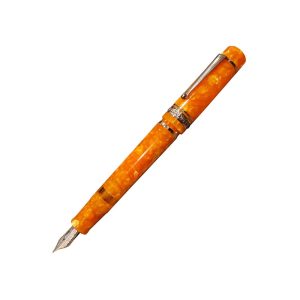 Delta – Dolcevita Stantuffo Oro The pen is made from a solid piece of orange resin with trimmings gold plated and solid gold nib. The main distinction between the traditional Dolcevita is the lack of a contrasting orange resin cap. Delta refers to the colour as terracotta orange, a colour common to Italy. The pens are not limited editions, but Delta records the pen’s number on the cap. Min pen is number 0749. The pattern on the vermeil band around the cap references the antiquity theme of Italy. The top of the cap is crowned with a gold “coin” imprinted in the shape of a nib with feed. The pen sports another gold band to accent the rear of the barrel at the piston cap. Screw the cap off the pen, and the beautiful broad nib, in 14K appears. The nib is one tone of gold and the single colour choice looks very good with the orange colour tone of the pen. Body Colour : Orange Resin with Gold Plated Trim Body Material: Acrylic Nib : 14Kt gold Broad Nib Filling Mechanism: Piston filler