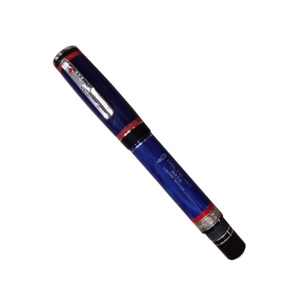 The Delta Maya Limited Edition Silver Fountain Pen honors the Mayan Civilization, and is the 8th edition of Delta’s Indigenous People series. The Mayan civilization began around 2,000 B.C. in the Yucatan Peninsula and Central America and is regarded as one of the most sophisticated ancient cultures. The Delta Maya Silver Fountain Pen is hand-turned from bars of blue and red resin – colors commonly used by Mayan Warriors as body paint. The solid silver accent band is decorated with motifs from Mayan potter. The pen clip represents a clay flute called Chililihtli. On the crown is a depiction of the Mayan calendar. The Maya Limited Edition Silver rollerball can be converted to a ball pen with a refill change. Each Maya pen is limited to 800 pieces worldwide. Cap and body: Hand turned from solid bars of a specially designed blue and red resin representing the colours commonly used by the Maya warrior for body paint and in their clothing. this collection offer in the body a ring in 925% Sterling silver, ornamented with décor used in Mayan pottery and artifacts. Filling system: 1k version the filling system is by converter or threaded cartridge. Clip: It features a three-dimensional representation of a typical Mayan double clay flute called “Chililihtli”.  It is in 925% Sterling Silver trim in the 1KS version. In the celebration the clip is in 925% Sterling silver and is enriched with eight diamonds and a ruby. Nib: The 18kt gold nib is specially designed, customized and flexible. It is decorated with a representation of the 3 life-phases Mayan mask (cycle of life; youth-middle age-old age). Made in Italy