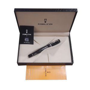 Styling, Craftsmanship, Ergonomics and Love are all essential components of every Delta Passion Pen. Each instrument has been designed and meticulously hand-crafted in Naples, Italy. Delta’s Passion Collection combines generations of artistry and innovation with today’s hottest fashion colors, accented in hand-made black resin with a perfect ring of white. Delta’s Passion Collection features hand-crafted trim rings that express true love for the written word in sculpted Sterling Silver. The fountain pen nib is solid 14kt Gold with a Platinum Mask and heart-shaped breathing hole. The Passion Fountain pen features a cartridge / converter filling system. Body Color: Grey Resin with Hand-Crafted Chrome Trim Cap : Black Ring : 925% Sterling Silver Nib : 14kt Gold with Platinum Mask, Medium Nib Filling System : Cartridges & Converter Exclusive Pen Box Made in Italy