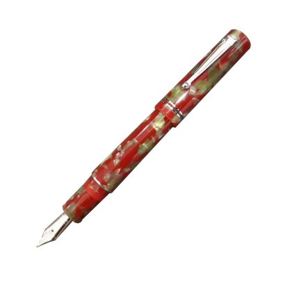 “The Journal,” Marbled Matte Red resin with Rhodium trim. The nib is a stainless steel, medium. It is original The Journal collection box and papers. This pen special converter filling system. It has a converter. This is a beautiful pen. One of the cornerstones of democracy in the western world was the establishment of freedom of the press, as guaranteed by the First Amendment of the United States Constitution. Delta honors the dedicated professionals of this vital public service with the Journal collection of writing instruments. Each pen in the Journal collection is turned from solid bars of Italian resin. The distinctive clip is forged from a special metal alloy designed for strength and flexibility, then coated with rhodium. Nib : Stainless Steel, Medium Nib Italian made fountain pen Red with chunks of olive green resin in a matte finish with chrome trim Fill Mechanism: Cartridge & Converter / Piston filler In box with paperwork, Made in Italy 