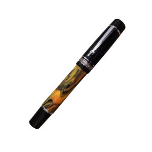 Delta Galleria Doue Multicolour Resin Black Cap Rhodium Trim Fountain Pen The Gallery writing instruments are the fruit of Delta’s traditional handicraft. This collection produced from a special multicolor resin is turned by hand from solid rods. Gallery collection renders homage to Drip painting, a form of abstract art in which paint is dripped or poured onto the canvas. This painting style has been used since 1946 by various famous Americans artists who defined it as: ” expressive power through material outbreaks in a frenetic vortex of signs. The Gallery collection is available in tow versions which are set apart by the cap; one offers the cap in this multicolor resin and the other offers the cap in black resin (Doue’). Trimmings are plated in either rhodium or 24Kt gold. Both versions offer the central ring is solid sterling silver 925%. This is the same ring that characterizes the Dolcevita collection and that offers that “family feeling” common in many of Delta collections. This ring is engraved by hand and reproduces an old Roman de’cor featured in old paintings from Pompei. A Delta logo is positioned in the top of cap. The clip featuring a Gallery offers a 14-karat solid gold nib particularly designed, customized and flexible. Gallery and Gallery Doue’ are offered as: piston filling system fountain pen, cartridge/converter fountain pen, rollerball and ballpen with twist mechanism. Multicolor Special Resin  Cap Colour Black Sterling Silver 925% Ring Clip Rhodium Plated 18KT Fusion Broad Nib Piston Filling system fountain pen Made in ItalyDelta Galleria Doue Multicolour Resin Black Cap Rhodium Trim Fountain Pen The Gallery writing instruments are the fruit of Delta’s traditional handicraft. This collection produced from a special multicolor resin is turned by hand from solid rods. Gallery collection renders homage to Drip painting, a form of abstract art in which paint is dripped or poured onto the canvas. This painting style has been used since 1946 by various famous Americans artists who defined it as: ” expressive power through material outbreaks in a frenetic vortex of signs. The Gallery collection is available in tow versions which are set apart by the cap; one offers the cap in this multicolor resin and the other offers the cap in black resin (Doue’). Trimmings are plated in either rhodium or 24Kt gold. Both versions offer the central ring is solid sterling silver 925%. This is the same ring that characterizes the Dolcevita collection and that offers that “family feeling” common in many of Delta collections. This ring is engraved by hand and reproduces an old Roman de’cor featured in old paintings from Pompei. A Delta logo is positioned in the top of cap. The clip featuring a Gallery offers a 14-karat solid gold nib particularly designed, customized and flexible. Gallery and Gallery Doue’ are offered as: piston filling system fountain pen, cartridge/converter fountain pen, rollerball and ballpen with twist mechanism. Multicolor Special Resin  Cap Colour Black Sterling Silver 925% Ring Clip Rhodium Plated 18KT Fusion Broad Nib Piston Filling system fountain pen Made in Italy