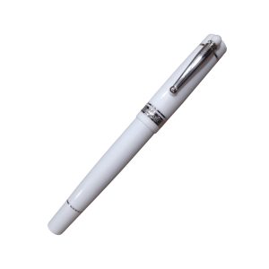 Delta We Emotion White Resin with Metal Trims & Clip on White Pepper Fountain Pen White Emotion (Models and patented) writing instruments made of special resin turned by hand from solid bar, metals , precious and noble, like the natural coral. WE Emotion is available in Fountain The central metal in precious rhodium finish, play through an incision in an era decor greek -romana and used for old paintings from Pompeii. barrel and cap in White resin turned by hand. the small external sphere is made of same color as the pen. Body : White Special Resin Cover : Precious White Resin Clip : Metal with Metal Ring White Pepper Filling System : Converter/ Cartridge  Nib : Metal, Broad Made In Italy