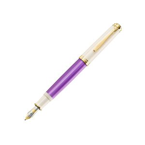 Souverän® 600 Violet-White – Special Edition This distinctive new fine writing instrument series will convince you and is a very extraordinary gift idea for a special person. These colours will brighten your day! The white parts are made of high-quality resin that is first turned and then polished to a high sheen. The barrel with the white and violet stripes is made of cellulose acetate that was very carefully manufactured and turned into a sleeve. All rings and the typical Pelikan clip are plated with 24 carat gold. The fountain pen with piston mechanism has a 14 carat bi-colour gold nib with rhodium trim and is available in 4 nib widths EF, F, M and B. The matching ballpoint pen has a twist-mechanism. Every single writing instrument is mounted by hand and carefully checked to fulfill the strictest quality criteria. The Souverän® 600 Violet-White is encased in a specially designed gift box. Special Edition Body Color : Violet/White Trims : Gold Plated Trim Cap Mechanism : Screw Cap Nib : 14kt Gold Rhodium Plated, Broad nib Filling System : Piston Filling Packaged in a Gift Box