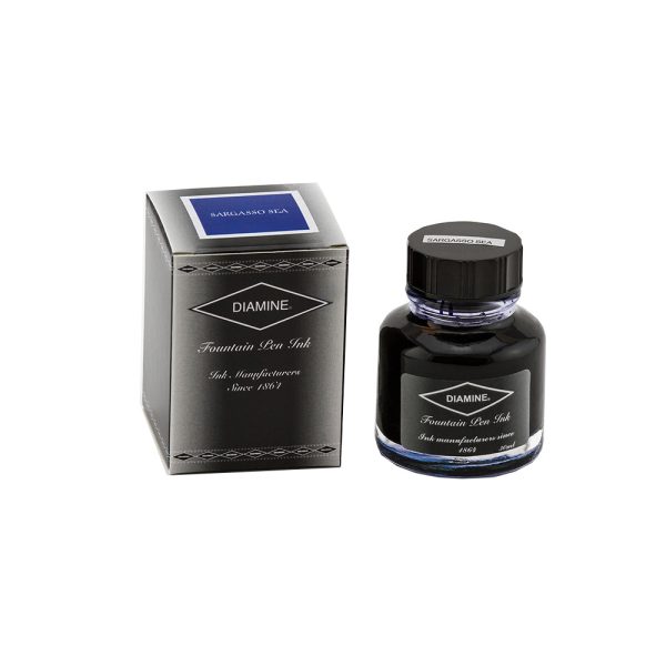 Diamine has manufactured in England since 1864. Their formula of fountain pen ink is safe and can be used with all fountain pens. The most famous feature of Diamine is the huge range of colours. Diamine fountain pen ink is a water based ink, perfect for any brand of fountain pen, also recommended as the only choice for Vintage Pens. Diamine fountain pen inks are completely non-toxic and offer excellence in free flowing ink, we offer one of the largest colour ranges in the world. Diamine fountain pen ink can also be used as a starter for calligraphers who prefer non-waterproof ink, the colours can be blended or diluted to give a multitude of effects. By adding a secret ingredient to de-stress the surface, we have achieved a combination of vibrance in colour, with an ink flow which glides over the paper, safe for use in all fountain pens. Sargasso Sea, 30ml We believe DIAMINE INKS represents the best choices in the market of fountain pen inks today.