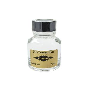 This cleaning solution from Diamine is designed to clean your fountain pen thoroughly, removing ink residue from inside and from the pen nib. This is useful for maintaining your pens in good condition, and also for when you wish to change ink colours. Its ink-removing abilities make it ideal for using with calligraphy tools too. Comes in a 30 ml glass bottle. Simply dip your pen nib and allow to soak in a small amount of the fluid, or flush through the pen to clean out any stubborn ink residue. Instructions are on the label. Diamine Nib cleaning fluid is for cleaning and for removing dried-on ink from fountain pen nibs and feeds. Can also be used to flush pens through, or to soak nibs or nib feeders. Supplied in a bottle of 30ml of fluid.