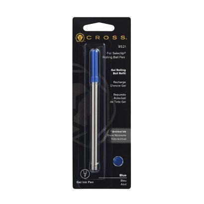 Cross 8521 Rolling Ball Pen Refill (Blue) A smooth alternative to the free-flowing ink of a fountain pen, with the convenience of a ballpoint. Gel ink refills are available in four classic colors, and are designed for use with all Cross Selectip pens. Enjoy this Cross gel rolling ball blue refill for a smooth writing experience and mess-free ink. Rely on this long-lasting blue gel pen refill that is designed for medium-point gel pens and enhances writing performance. This Cross rolling ball pen refill has the functionality of a ballpoint and is an alternative to the free-flow ink of fountain pens. Gel ink rolling ball refill, blue color Point size: 0.7mm, medium point Refill for Selectip pens Made in China