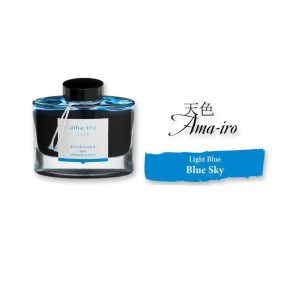 Pilot Iroshizuku 50ml Ink Bottle - Ama-Iro, Sky Blue (Light Sky Blue) The name Iroshizuku is a combination of the Japanese words Iro (Coloring), expressing high standards and variation of colors, and Shizuku (Droplet), that embodies the very image of dripping water. Each ink name derives from the expressions of beautiful Japanese natural landscapes and plants, all of which contribute to the depth of each individual hue. Ama-iro   Blue Sky (Light Blue) This shade of blue conjures up the color of a clear blue sky, unblemished by even a wisp of cloud. Colour : Light Sky Blue Ink Colour : Sky Blue (Ama-Iro) Created using the highest standards and variations of color Ink names derived from Japanese natural landscapes and plants Enjoy the intense and subtle colors of Japan as you write Works well with Pilot and Namiki fountain pens Each 50ml bottled ink is made from hand blown glass Angled etched bottle bottom allows pen to use virtually every drop of ink Made in Japan