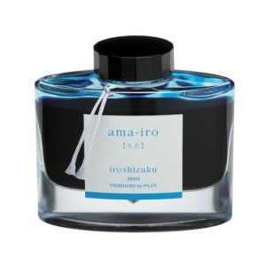 Pilot Iroshizuku 50ml Ink Bottle - Ama-Iro, Sky Blue (Light Sky Blue) The name Iroshizuku is a combination of the Japanese words Iro (Coloring), expressing high standards and variation of colors, and Shizuku (Droplet), that embodies the very image of dripping water. Each ink name derives from the expressions of beautiful Japanese natural landscapes and plants, all of which contribute to the depth of each individual hue. Ama-iro   Blue Sky (Light Blue) This shade of blue conjures up the color of a clear blue sky, unblemished by even a wisp of cloud. Colour : Light Sky Blue Ink Colour : Sky Blue (Ama-Iro) Created using the highest standards and variations of color Ink names derived from Japanese natural landscapes and plants Enjoy the intense and subtle colors of Japan as you write Works well with Pilot and Namiki fountain pens Each 50ml bottled ink is made from hand blown glass Angled etched bottle bottom allows pen to use virtually every drop of ink Made in Japan