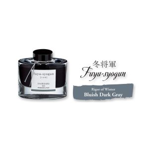 Pilot Iroshizuku 50ml Ink Bottle - Fuyu-Syogun, Rigor of Winter (Dark Gray) The name Iroshizuku is a combination of the Japanese words Iro (Coloring), expressing high standards and variation of colors, and Shizuku (Droplet), that embodies the very image of dripping water. Each ink name derives from the expressions of beautiful Japanese natural landscapes and plants, all of which contribute to the depth of each individual hue. syogun Rigor of Winter Snowy Season (Bluish Dark Gray) Old Man Winter is a personification of the harsh and cold winter. This shade of grey conjures up the image of the cold, clear air of the severe winter season. Colour : Bluish Dark Gray Ink Colour : Rigor of Winter (Fuyu-Syogun) Created using the highest standards and variations of color Ink names derived from Japanese natural landscapes and plants Enjoy the intense and subtle colors of Japan as you write Works well with Pilot and Namiki fountain pens Each 50 ml bottled ink is made from hand blown glass Angled etched bottle bottom allows pen to use virtually every drop of ink Made in Japan