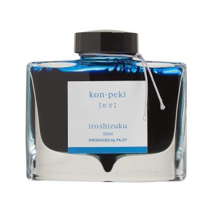 Pilot Iroshizuku 50ml Ink Bottle - Kon-Peki, Deep Cerulean Blue (Deep Blue) The name Iroshizuku is a combination of the Japanese words Iro (Coloring), expressing high standards and variation of colors, and Shizuku (Droplet), that embodies the very image of dripping water. Each ink name derives from the expressions of beautiful Japanese natural landscapes and plants, all of which contribute to the depth of each individual hue. kon-peki Deep Blue (Cerulean Blue) This shade of blue expresses the color of a vast and clear summer sky. Colour : Deep Blue Ink Colour : Deep Cerulean Blue (Kon-Peki) Created using the highest standards and variations of color Ink names derived from Japanese natural landscapes and plants Enjoy the intense and subtle colors of Japan as you write Works well with Pilot and Namiki fountain pens Each 50ml bottled ink is made from hand blown glass Angled etched bottle bottom allows pen to use virtually every drop of ink Made in Japan