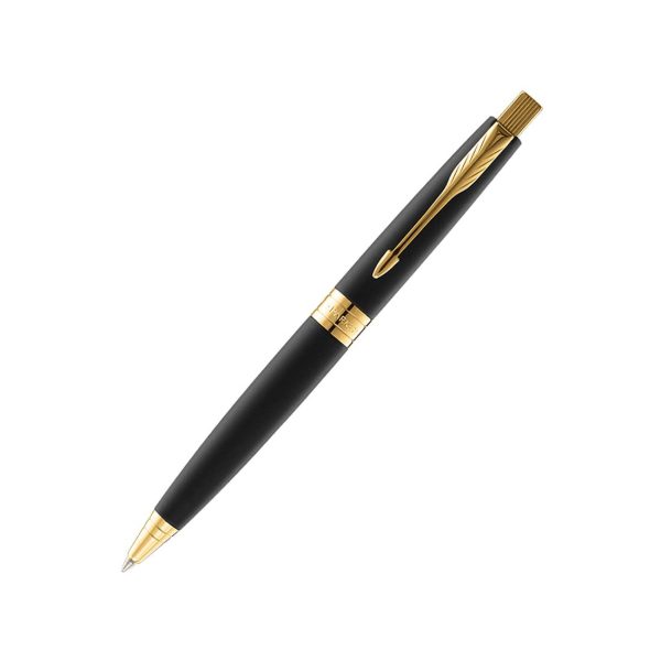 Parker Aster Ball Pen with Lacquer Black finish metal barrel and Gold plated trim. A contemporary & unique design blended highlighted with a Gold plated ring on the barrel. Clip Material: Stainless Steel. Lacquer Black Finish Metal Barrel Gold Plated Trim Contemporary & Unique Design Blended Gold Plated Ring On The Barrel Gift Box With Free Card Holder. Made in India