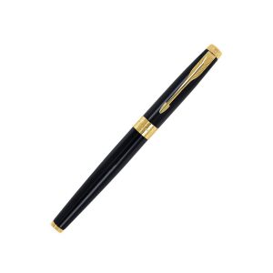 Parker Aster Lacque Black GT Rollerball Pen, Parker Aster Roller Ball Pen With Lacquer Black Finish Metal Barrel And Gold Plated Trim. A Contemporary & Unique Design Blended Highlighted With A Gold Plated Ring On The Barrel. Roller Ball Pen With Lacquer Black Finish Metal Barrel Gold Plated Trim A Contemporary & Unique Design Gold Plated Ring On The Barrel Made in India