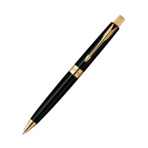 Parker Aster Ball Pen with Lacquer Black finish metal barrel and Gold plated trim. A contemporary & unique design blended highlighted with a Gold plated ring on the barrel. Clip Material: Stainless Steel. Lacquer Black Finish Metal Barrel Gold Plated Trim Contemporary & Unique Design Blended Gold Plated Ring On The Barrel Made in India