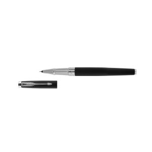 Parker Aster Roller Ball Pen With Matte Black Finish Metal Barrel And Chrome Plated Trim. A Contemporary & Unique Design Blended Highlighted With A Chrome Plated Ring On The Barrel. Mode: Roller Ball pen Ink color: Blue Pen opening mechanism: Cap off/ on Matte Black with Chrome Trims  Smooth Rollerball Refill Blue color refill Parker attractive Gift box