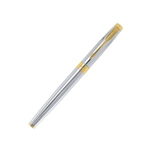 Parker Aster Shiny Chrome GT Rollerball Pen Parker Aster Roller Ball Pen With Lacquer Black Finish Metal Barrel And Gold Plated Trim. A Contemporary & Unique Design Blended Highlighted With A Gold Plated Ring On The Barrel. Roller Ball Pen With Shiny Chrome Finish Metal Barrel Gold Plated Trim Modern, Elegant And Professional. Stylish Roller Ball Pen Slim Grip Made in India