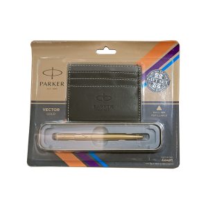 Parker Vector Gold Ball Pen Limited Edition (Giftset), This pen is a vision in gold with a gold-plated stainless steel body and a gold plated clip to match with it. With just a hint of black on the cap to complete the look, Vector Gold Ball Pen is a perfect pen for the perfect gentleman. Body Colour : Gold Gold plated stainless steel cap and barrel with matching gold plated clip Cap action fitted with ball point refill Closure : Click-Off Cap Ink Colour : Blue Free 1N Credit Card Holder Blister Pack Made in India