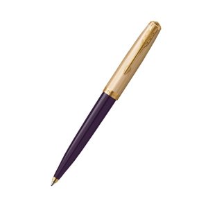 Parker 51 Deluxe Plum with Gold Trim Ballpoint Pen At once smart, polished and professional, the PARKER IM Fountain Pen is an ideal partner with unlimited potential. The sleek tapered shape pairs seamlessly with innovative designs to make a striking statement. Crafted with an intense plum lacquer body accented in gold finish trim, this PARKER pen makes a memorable gift. The nib is made from durable stainless steel and shaped to provide the optimal writing angle. For use with QUINK ink cartridges or convertible to ink bottle filling. Every detail is refined to deliver a writing experience that is at once dependable and faithful to over 125 years of PARKER brand heritage. The Parker 51 Deluxe Plum GT features a streamlined silhouette and iconic hooded 18k solid gold nib. Hand assembled using durable Plum precious resin, complemented by a chiseled cap, golden cap jewel and trims. Parker 51 is a modern take on the original icon once hailed as the ‘world’s most wanted’ first launched in 1941. Durable glossy plum precious resin barrel and chiselled gold finish cap and trims and the signature PARKER arrow clip Twist-action medium tip ballpoint pen is fitted with a QuinkFlow refill for optimal flow and smooth writing Benefitting from Parker’s expertise for superior craftsmanship. A unique yet sophisticated gift, your Parker 51 ballpoint pen is presented in a premium PARKER gift box with a black ink refill