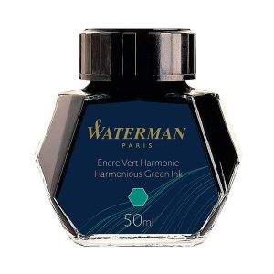 Waterman Harmonious Green - 50ml Ink Bottle Gently coaxing forth each surprising thought, Tender Purple willingly conquers the contours of your creative mindscape. Make your special touch as unique as your Waterman. Choose your ink to match your inspiration, and to flow as freely as your ideas. Ink Colour : Green (Harmonious Green) Ink Composition : Dye-Based Waterman Harmonious Green ink comes in a multi faceted 50-ml. ink bottle. The nine-sided ink bottle is very unique to Waterman inks and allows the user to grasp each remaining drop of ink. Made in France