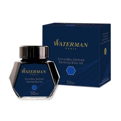 Waterman Serenity Blue – 50ml Ink Bottle Like the tranquil echo of a dream, Serenity Blue brings peacefulness to the page, ready to awaken pleasant thoughts. Make your special touch as unique as your Waterman. Choose your ink to match your inspiration, and to flow as freely as your ideas. Ink Colour : Blue (Serenity Blue) Ink Composition : Dye-Based Waterman Serenity Blue ink comes in a multi faceted 50-ml. ink bottle. The nine-sided ink bottle is very unique to Waterman inks and allows the user to grasp each remaining drop of ink. Made in France