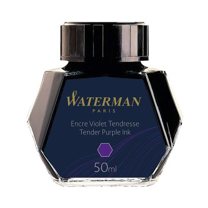 Waterman Tender Purple – 50ml Ink Bottle Gently coaxing forth each surprising thought, Tender Purple willingly conquers the contours of your creative mindscape. Make your special touch as unique as your Waterman. Choose your ink to match your inspiration, and to flow as freely as your ideas. Ink Colour : Purple (Tender Purple) Ink Composition : Dye-Based Waterman Tender Purple ink comes in a multi faceted 50-ml. ink bottle. The nine-sided ink bottle is very unique to Waterman inks and allows the user to grasp each remaining drop of ink. Made in France