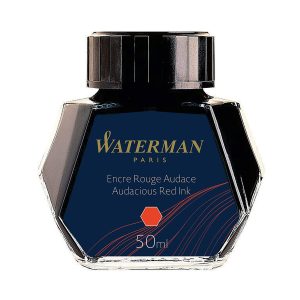 Waterman Audacious Red - 50ml Ink Bottle Boldly surging from the color spectrum, Audacious Red whispers power and passion with primal sensuality. Make your special touch as unique as your Waterman. Choose your ink to match your inspiration, and to flow as freely as your ideas. Ink Colour : Red (Audacious Red) Ink Composition : Dye-Based Waterman Audacious Red ink comes in a multi faceted 50-ml. ink bottle. The nine-sided ink bottle is very unique to Waterman inks and allows the user to grasp each remaining drop of ink. Made in France