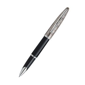The Waterman Carene Contemporary Black and Gunmetal fountain pen with rhodium trim adds an element of modernity to this series with its sleek color combination and engraved criss-cross design on the cap. The Carene Contemporary Black and Gunmetal maintains the same unique shape as the other Carene pens, with its notable beveled end cap. Reflective gunmetal on the cap adds to the illusion of movement, as if the pen itself is a flying bullet. A powerful silhouette of graphic engraved black PVD with black lacquer and palladium plated trims, creates a striking contrast of pure sophistication Rhodium plated unique Waterman design The smooth, sleek dynamics and pure silhouette of each palladium-plated clip echo the imagination and creativity of Waterman Ready for gifting in a premium Waterman Gift Box