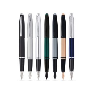 The new Calais Satin Chrome Fountain Pen is a symbol of pure novelty. The pen features a gleaming streamlined silhouette with laser etched engravings. This lightweight writer offers a fatigue less writing experience and exhilarates the joy of writing. Each pen is equipped with a sturdy steel nib that writes without any hassles. Overall, Cross have combines style and performance and offered a unique writing tool that will illuminate the charm of every desk. The Calais Satin Chrome Fountain Pen is a perfect gift item for every occasion and is presented in a beautiful gift box A satin chrome finish with polished chrome appointments and centre band A modern take on classic Cross design Beautiful finishes accented with a chrome centre band Click-off cap Includes 2 Black Fountain Pen Cartridges (#8921) Chrome plated nib adapts to your unique touch Specially formulated ink flows flawlessly and dries quickly Presented in a gift box