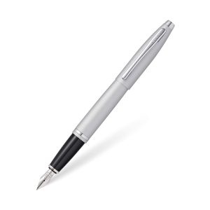 The new Calais Satin Chrome Fountain Pen is a symbol of pure novelty. The pen features a gleaming streamlined silhouette with laser etched engravings. This lightweight writer offers a fatigue less writing experience and exhilarates the joy of writing. Each pen is equipped with a sturdy steel nib that writes without any hassles. Overall, Cross have combines style and performance and offered a unique writing tool that will illuminate the charm of every desk. The Calais Satin Chrome Fountain Pen is a perfect gift item for every occasion and is presented in a beautiful gift box A satin chrome finish with polished chrome appointments and centre band A modern take on classic Cross design Beautiful finishes accented with a chrome centre band Click-off cap Includes 2 Black Fountain Pen Cartridges (#8921) Chrome plated nib adapts to your unique touch Specially formulated ink flows flawlessly and dries quickly Presented in a gift box