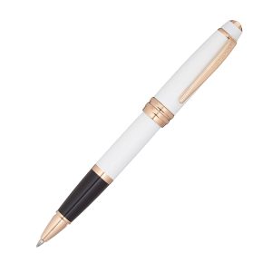 Cross Bailey Pearlescent White Lacquer with Polished Rose-Gold Tone Rollerball Pen, Bailey was designed with an eye for detail. From its multi-grooved chrome center ring with patterned engravings to its sleek, modern clip, it exudes a distinct style that's sure to be noticed. Traditional, well-balanced design Distinctive cap-over-barrel styling Multi-groove center ring with a deep-cut engraving Exclusive! Only at cross.com Pearlescent white lacquer finish Polished rose-gold tone appointments Updated, secure click-off cap Exclusive gel ink rollerball formula flows freely like a fountain pen Includes 1 Black Gel Ink Rollerball Refill (#8523) in pen Can easily be converted into a ballpoint pen or creamy porous felt-tip pen by simply changing the refill to the desired type of tip (refills sold separately) Premium gift box