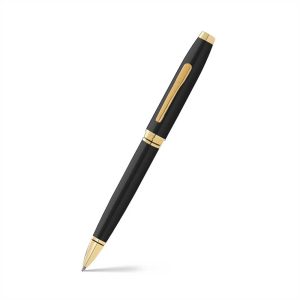 The Coventry ballpoint pen impresses with its strong profile, rich sheen, and polished contrasting appointments. This stylish writing instrument is the perfect gift for those who want to elevate their writing experience every day. Classic Cross profile, and signature conical top Cap over barrel design Rich black lacquer with gold-tone appointments Swivel-action propel/repel writing mechanism Specially formulated ink that flows flawlessly for a superior writing experience Includes one black medium ballpoint (#8513) in pen Other ink colors and widths are available Presented in a premium gift box