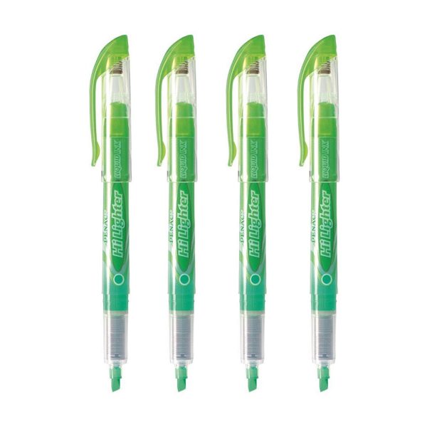 HI-LIGHTER. The luminous PENAC marker pen with water-based ink, in 5 fluorescent colours. The refill with a line width of 1-4mm enables both the marking of SMALL PRINTED text and the highlighting of larger texts. The sophisticated ink flow system ensures that the ink level is always visible. The special ink technology prevents the marking pen from drying out without a cap for up to 4 hours, so you can continue to work relaxed, regardless of whether the pen is closed or not. The PENAC HI LIGHTER – an indispensable item on every desk as well as on pencil cases. Green Colour Ink High writing performance due to Liquid Ink System for constant ink flow Water-based liquid ink Fluorescent colour Removable cap with spring-loaded Mechanism against drying out Cap can be plugged into the end of the pen Window to check ink level Chisel tip with 1-4mm line width Robust plastic body Sturdy plastic clip