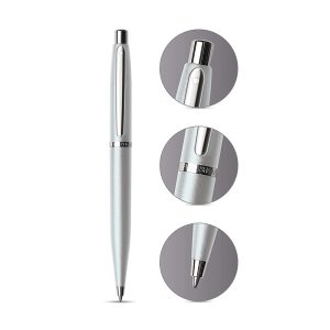 Sheaffer® VFM The popular Sheaffer® VFM makes an impact with its modern, tapered silhouette. Its performance is backed by the Sheaffer White Dot, a symbol of writing excellence. Modern profile that makes a statement Tapered silhouette Strobe Silver with Chrome-Plated Trim Features the Sheaffer White Dot, the trademark symbol of writing excellence Smooth click propel/repel mechanism The Sheaffer® VFM ballpoint pen is fitted with a black Medium K-Type ballpoint refill. The pen is compatible with all Sheaffer K-type refills. Compact, easy-to-carry A6 notebook 160 pages of 80 gsm fountain pen friendly paper Hardbound notebook with premium black leatherette cover