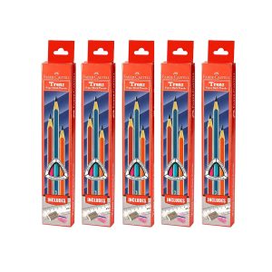 Wooden pencils that offer a super dark and smooth writing experience. Triangular shape gives it an easy grip making it less tiring for children to hold for long duration. Their special bonding prevents lead breakage reducing the need to sharpen often. These pencils come in pack of 10 pcs with 1 durable 15 cm scale, 1 dust-free eraser and 1 rust-free, durable sharpener. Pencils in 3 assorted colours with silver stripes. The perfect writing companion for children at school. Elegant silver striped super dark hand writing pencils Thicker and highly bonded lead for longer and smooth writing Child safe -phthalate free lacquer on pencils Elegant silver striped super dark hand writing pencils Thicker and highly bonded lead for longer and smooth writing Inside the box - 1N Durable 15cm scale, 1N Dust-free eraser and 1 rust-free durable sharpener free Quantity : 10 pencil in each box