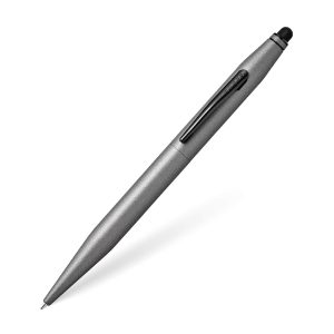 Dual-personality pen DOUBLE FEATURE: 2-IN-1 PERFORMANCE With a ballpoint on one end and a stylus on the other, Cross Tech 2 switches gears whenever you do. It's a modern must-have designed for first-quality, dual performance putting ideas to paper as easily as it navigates any mobile touchscreen. Trim, tech-based 2-in-1 design A quick swivel action engages the ballpoint tip Attached 6mm stylus at the top Compatible with most capacitive touchscreen devices Titanium gray lacquer finish with polished black PVD appointments Swivel-action propel/repel feature Specially formulated Cross ink flows flawlessly for a superior writing experience Includes one black medium ballpoint tip (refill #8513) Narrow 6mm precision stylus Premium gift box