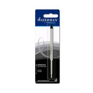 Ensure that your Waterman ballpoint pen is always ready when you need it with this ballpoint refill. To replace, simply unscrew your Waterman pen, remove the empty cartridge and reassemble the body. The reliable ink resists drying out and writes easily on many types of paper. Ideal for all kinds of writing occasions, this type of ink will dry quickly which removes concerns about smudging or smearing. Fine Point, 0.8 mm 1 ink refill for Waterman ballpoint pens Classic blue ink inspires endless creativity Fine tip is ideal for small, precise writing Quick-drying ink for less smudging and smearing Refill Black Fine nib, Blister of 1