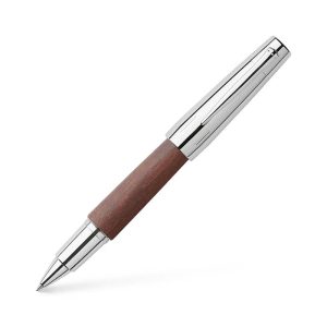 e-motion wood rollerball, dark brown Chunky, almost cigar-shaped, e-motion writing implements sit comfortably in the hand. The design combines outstanding writing comfort with sophisticated aesthetics. The materials were carefully selected: matt or high-gloss metal in combination with stained pear wood in dark brown, brown or black. Skilled craftsmanship can reveal fascinating effects in a high-quality material – as demonstrated by the e-motion precious resin range of writing implements. The barrels are elaborately engraved with different patterns. Together with the glossy chrome-plated elements, they create a simply beautiful object. The e-motion “pure Black”, with its dynamic shape and deepest, trendy matt black shade, stirs passions. The look and feel of the masculine aluminum barrel with its guilloche pattern is mesmerizing. The high quality PVD-coated nib of the fountain pen promises supreme writing comfort. Barrel made of stained pear wood Cap and grip made of chrome-plated polished metal Spring-loaded clip made of chrome-plated polished metal Fitted with a black refill with ceramic tip, fast-drying Interchangeable refill Also usable with a fineliner refill White gift box with attractive printed slip case