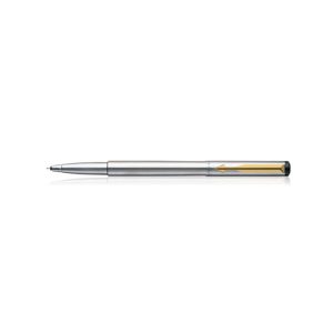 Parker Vector Stainless Steel GT Rollerball Pen - Smooth stainless steel cap and barrel with matching stainless steel clip. Full steel body for extra durability. Supplied with standard roller ball refill with Ultrafine Navigator technology. Finish: Stainless Steel Trim : Gold Plated Body Material: Steel Cap on/off Made in India