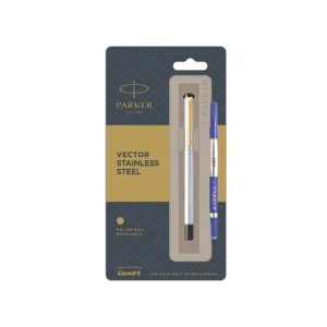 Parker Vector Stainless Steel GT Rollerball Pen - Smooth stainless steel cap and barrel with matching stainless steel clip. Full steel body for extra durability. Supplied with standard roller ball refill with Ultrafine Navigator technology. Finish: Stainless Steel Trim : Gold Plated Body Material: Steel Cap on/off Made in India