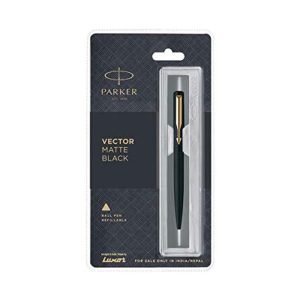 The Vector by Parker is known around the world for delivering excellent writing experiences to its users.  For all Parker fans out there, this pen is a must-have- Your Perfect Partner! Parker Vector is a delightfully simple to use for students and professionals alike, thanks to its design and durability. Finish: Matte Finish Matte epoxy resin coated stainless steel cap and barrel for premium looks with contrasting stainless steel gold plated clip Cap action fitted with standard ballpoint refill Refillable Pen. Blue Ink Colour Refill. Blister Pack Made in India