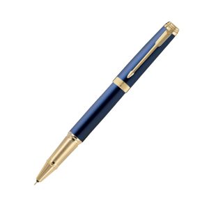 Parker Ambient Blue Gold Trim Rollerball Pen All-Over Blue Lacquered Cap And Barrel With Brushed Metal Grip, Highlighted By Gold Plated Trim. Cap On/Cap Off Supplied With Standard/Ultra Fine Navigator Roller Ball Refill. Finish: Blue Lacquered Trim : Gold Plated Trim Body Material: Powder Coating Stainless Steel Closure : Cap On/off Ink Colour : Blue Nib Features: Ultra Fine Navigator Attractive Packing for Gift.