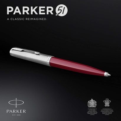 Parker 51 Burgundy CT Ballpoint Pen The Parker 51 is as groundbreaking today as it was when first launched in 1941. This unique writing instrument is inspired by the pen once hailed as the ‘world’s most wanted’ – retaining its distinctive streamlined silhouette and iconic hooded nib; yet is made for the future – this pen is hand assembled and made from durable precious resin, benefitting from Parker’s expertise and reputation for superior craftsmanship. From conception to assembly, the attention to detail is second to none. The cap is decorated with a complementary metallic jewel and each finish is inspired by heritage colors of the past, a tribute to the original Parker 51 range. Inspired by the past. Made for the future. The Parker 51 Burgundy CT features a streamlined silhouette and iconic hooded stainless-steel nib. Hand assembled using durable Burgundy precious resin, complemented by a stainless steel cap, palladium cap jewel and trims. Parker 51 is a modern take on the original icon once hailed as the ‘world’s most wanted’ first launched in 1941. Durable glossy Burgundy precious resin barrel and stainless steel cap with palladium finish trims and the signature PARKER arrow clip Twist-action medium tip ballpoint pen is fitted with a Quink Flow refill for optimal flow and smooth writing Benefitting from Parker’s expertise for superior craftmanship. A unique yet sophisticated gift, your Parker 51 ballpoint pen is presented in a premium PARKER gift box with a black ink refill