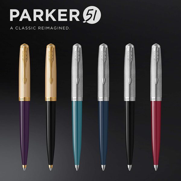 Parker 51 Burgundy CT Ballpoint Pen The Parker 51 is as groundbreaking today as it was when first launched in 1941. This unique writing instrument is inspired by the pen once hailed as the ‘world’s most wanted’ – retaining its distinctive streamlined silhouette and iconic hooded nib; yet is made for the future – this pen is hand assembled and made from durable precious resin, benefitting from Parker’s expertise and reputation for superior craftsmanship. From conception to assembly, the attention to detail is second to none. The cap is decorated with a complementary metallic jewel and each finish is inspired by heritage colors of the past, a tribute to the original Parker 51 range. Inspired by the past. Made for the future. The Parker 51 Burgundy CT features a streamlined silhouette and iconic hooded stainless-steel nib. Hand assembled using durable Burgundy precious resin, complemented by a stainless steel cap, palladium cap jewel and trims. Parker 51 is a modern take on the original icon once hailed as the ‘world’s most wanted’ first launched in 1941. Durable glossy Burgundy precious resin barrel and stainless steel cap with palladium finish trims and the signature PARKER arrow clip Twist-action medium tip ballpoint pen is fitted with a Quink Flow refill for optimal flow and smooth writing Benefitting from Parker’s expertise for superior craftmanship. A unique yet sophisticated gift, your Parker 51 ballpoint pen is presented in a premium PARKER gift box with a black ink refill