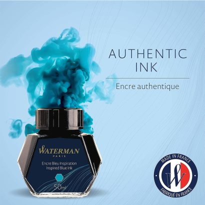 Waterman Inspired Blue – 50ml Ink Bottle Like the tranquil echo of a dream, Serenity Blue brings peacefulness to the page, ready to awaken pleasant thoughts. Make your special touch as unique as your Waterman. Choose your ink to match your inspiration, and to flow as freely as your ideas. Ink Colour : Blue (Inspired Blue) Ink Composition : Dye-Based Waterman Intense Black ink comes in a multi faceted 50-ml. ink bottle. The nine-sided ink bottle is very unique to Waterman inks and allows the user to grasp each remaining drop of ink. Made in France